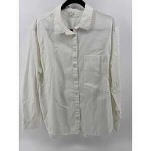 Aerie Distressed White Denim Shirt, Classic Button Down, Women Size L Pre-Owned